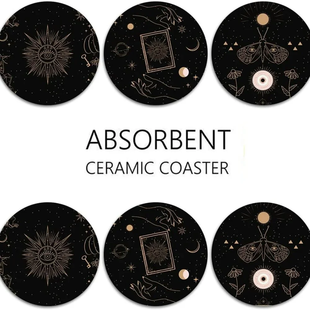 Table Coaster for Drinks Set of 6, Cute Black Mystical Skulls Animals Magic Coff